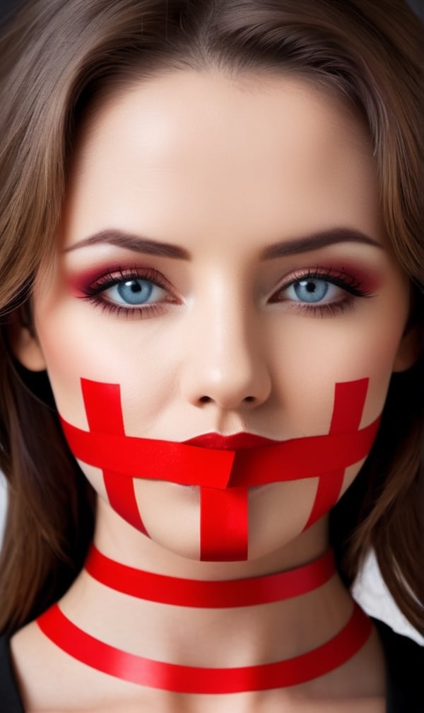 a woman with a red cross painted over her mouth, closed mouth, orwellian style, author unknown, witness stand, pinterest and shutterstock, world of the silence, vril, connectedness, red ribbon, censored, zen