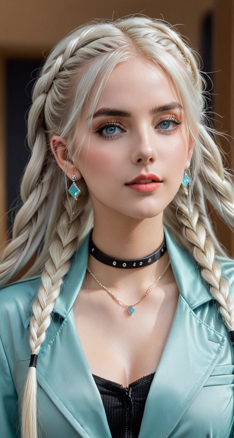 Generate hyper realistic image of a woman with long white hair, twin braids cascading down her shoulders. She gazes at the viewer with aqua eyes, a gentle smile gracing her lips. She wears a jacket and belt, her upper body slightly blurry against the indoor background. Adorned with earrings and a choker, she holds a cup, her head tilted inquisitively. Subtle black makeup and an ear piercing add to her unique charm.
