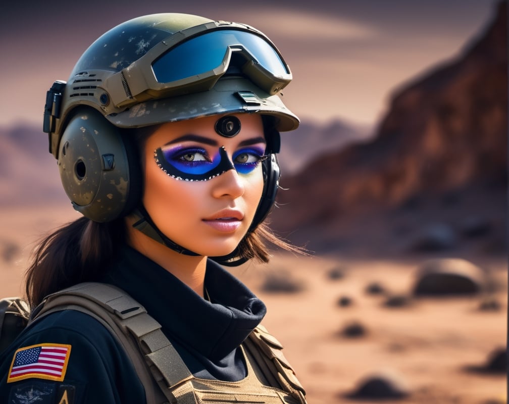 Junior officer, girl army soldier scouting alone (headshot bullet hole midnight Camo Face Paint) though a alien planet looking for targets of opportunity. High resolution, nighttime shot, epic pic