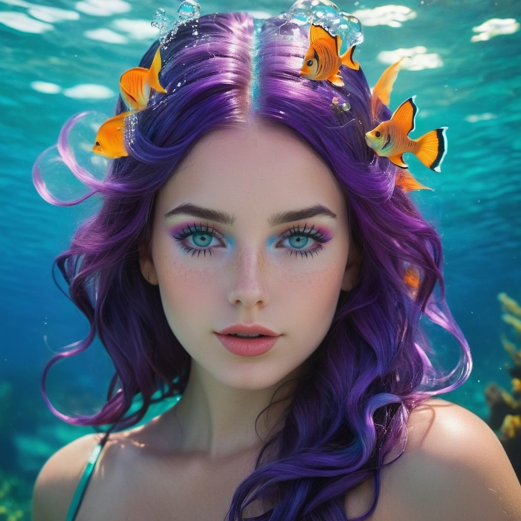 Frontal portrait of a whimsical and colorful woman resembling a mermaid or siren. Fair complexion, youthful features, wide open eyes, and delicate freckles on nose and cheeks. Vibrant, gravity-defying hair in shades of purple, blue, orange, and teal. Hair transitions into tendrils or aquatic flora, creating an underwater illusion. Small bubbles floating around the head add to the underwater theme. Attire or visible body part resembles teal and green fish scales with vibrant colors. Overall effect: Serene and otherworldly underwater creature in quiet contemplation.