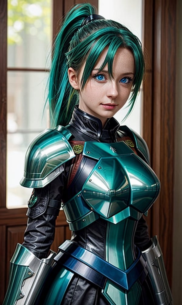 vibrant colors, woman, medium breast, masterpiece, sharp focus, best quality, depth of field, cinematic lighting, blue eyes, green hair, hair between eyes, ponytail, hairclip, armored maid outfit, indoors, long hair,