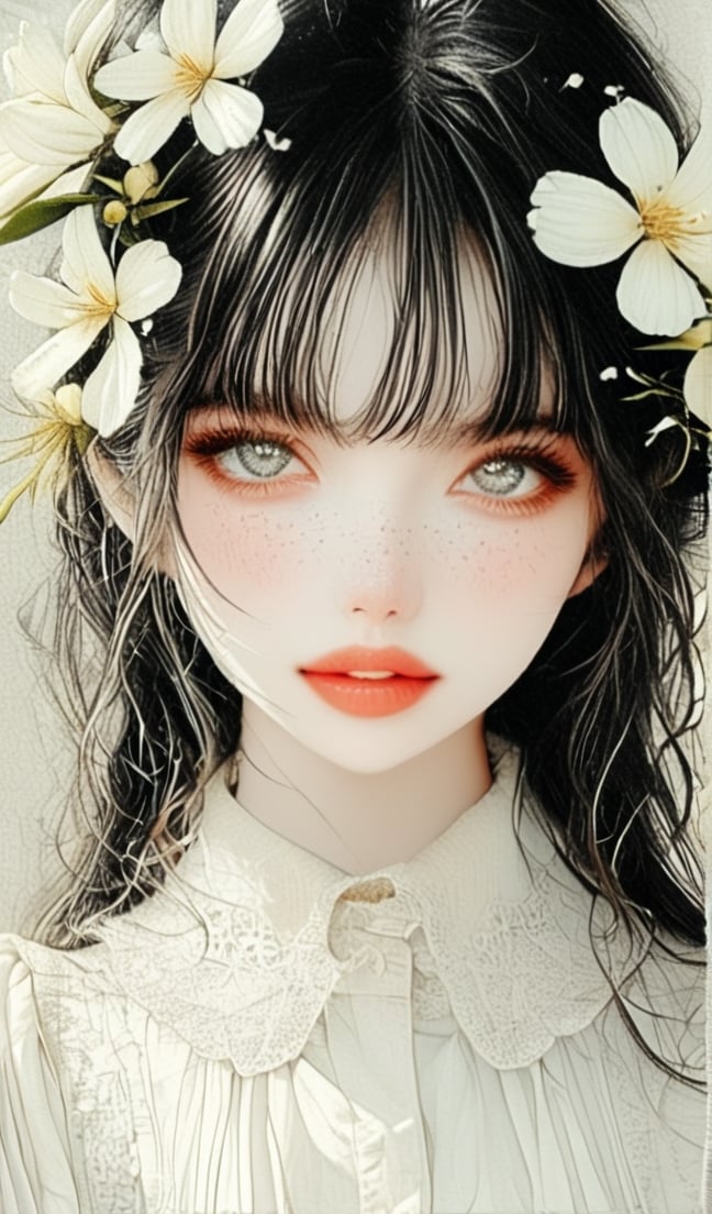 (1woman:1.5), long_black_hair, straight_hair, detailed_hair, messy_hair, flower_in_hair, sparkling_eyes, eyelashes, blushing, freckles, full_lips, parted_lips, vintage_outfit, upper_body_shot, portrait, (black and white:1.5), vintage image, side_view, looking_at_viewer, seductive_look