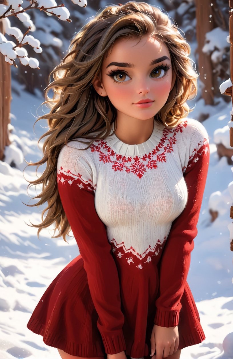 Full body portrait of a young woman with a knitted mini dress outfit, clear distinct light brown realistic eyes; Michael Garmash, Daniel F Gerhartz, strybk style, warm dreamy lighting, snow background, volumetric lighting, pulp adventure style, fluid acrylic, dynamic gradients, bold colour, illustration, highly detailed, simple, smooth and clean vector curves, vector art, smooth, johan grenier, character design, 3d shadowing, cinematic, ornate motifs, elegant organic framing, hyperrealism, posterized, masterpiece collection, bright lush colours, penumbra, wet gouache
