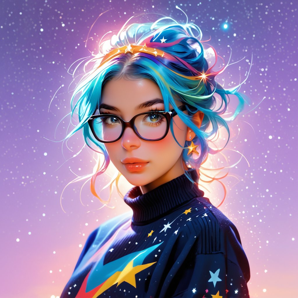  score_9, score_8_up, score_7_up,score_6_up, score_5_up, female character, solo, galaxy-themed clothing, turtleneck sweater, glasses,short hair, blue hair with a hint of purple, big round eyes, light abstract background, stars, constellations, trees silhouettes, vibrant colors, celestial, whimsical, portrait, colorful, modern art, Illustration,