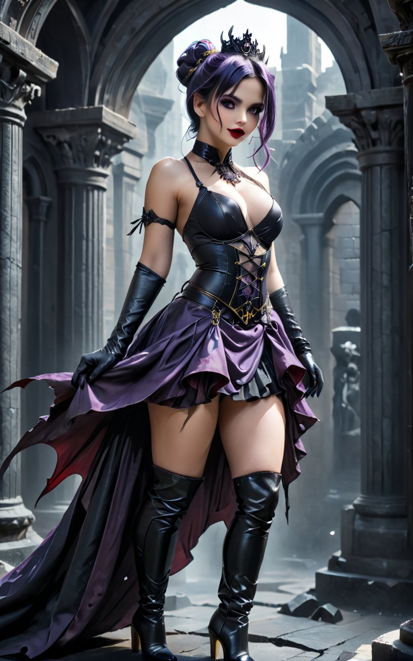 An ultra-detailed 8K masterpiece featuring gothic and fantasy styles, rendered in ultra-high resolution with stunning graphical detail. | sexy woman, is dressed in a black shadow priestess outfit with dark purple accents, a black waist sash, black gloves and boots. Her long blue hair is tied up in a high bun with two loose strands at the front. Her yellow eyes look at the viewer, smiling and showing her teeth with red lipstick. It is located in a dark temple with black rock structures and macabre structures.  The image highlights the Gothic sexy  figure  and the dark temple elements. The black rock structures, demon statues and black altars, together with the woman, create a gothic and mysterious atmosphere. A mysterious, gothic scene of a young woman in a dark temple, exploring themes of fantasy, mystery and dark magic. She takes on a sensual pose as she interacts, boldly leaning on a structure, leaning back and boldly throwing herself onto the structure, reclining back in an exhilarating way.))). | ((((full-body shot)))), ((perfect pose)), ((perfect arms):1.2), ((perfect limbs, perfect fingers, better hands, perfect hands, hands)), ((perfect legs, perfect feet):1.2), ((huge breasts))++, ((perfect design)), ((perfect composition)), ((very detailed scene, very detailed background, perfect layout, correct imperfections)), Enhance, ((Ultra details))++, ((poakl)), More Detail
