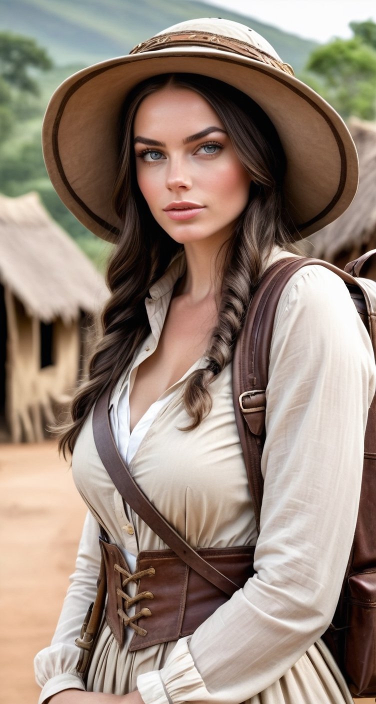 a beautiful white brunette british woman, pretty face, backpack, epic realistic, photo, 18th century explorer outfit, pith helmet, african village background, intricate scene, intricate details,