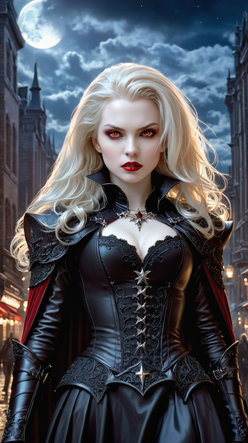 Arafed, dark fantasy art, gothic art, a picture of a vampire ready for battle, female vampire, armed with a sword, wewring heavy armor LnF, armed with a sword, shining sword, ultra detailed face (intricate detailed, Masterpiece, best quality: 1.4), pale skin, gloeing eyes, red eyes, ultra feminine, pale skin, dynamic hair, dark fantasy urban street (intricate detailed, Masterpiece, best quality: 1.4), moon light, star light, clouds