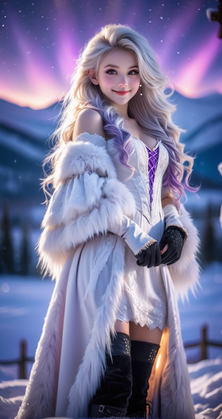 vibrant colors, girl, masterpiece, sharp focus, best quality, depth of field, cinematic lighting, white hair, purple eyes, very long hair, smile, thick thighs, white gothic dress, thigh high boots, fur boots, outdoors, snowfield, snowy mountains, landscape, snowing, aurora lights, (glowing:1.5),