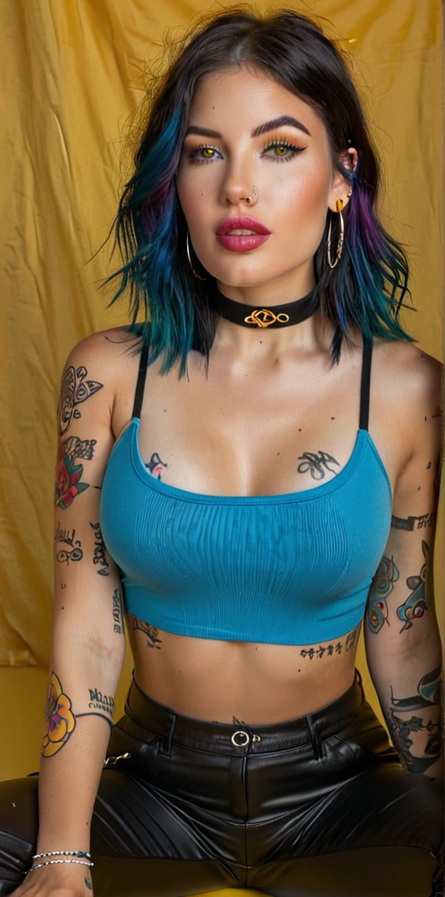 1girl, solo, breasts, looking at viewer, black hair, navel, bare shoulders, jewelry, medium breasts, sitting, multicolored hair, earrings, sleeveless, choker, midriff, pants, medium hair, two-tone hair, lips, crop top, tattoo, makeup, abs, yellow background, eyeshadow, hoop earrings, arm tattoo