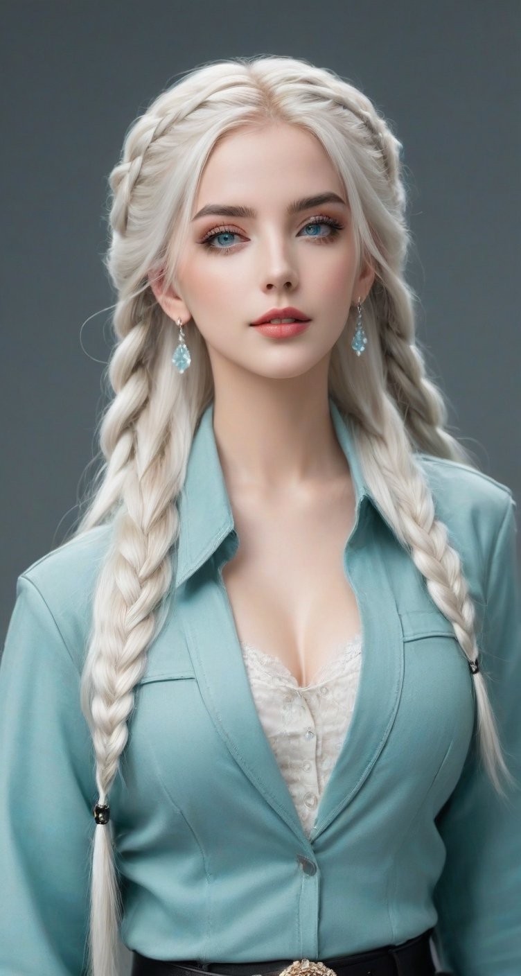 Generate hyper realistic image of a woman with long white hair, twin braids cascading down her shoulders. She gazes at the viewer with aqua eyes, a gentle smile gracing her lips. She wears a jacket and belt, her upper body slightly blurry against the indoor background. Adorned with earrings and a choker, she holds a cup, her head tilted inquisitively. Subtle black makeup and an ear piercing add to her unique charm.
