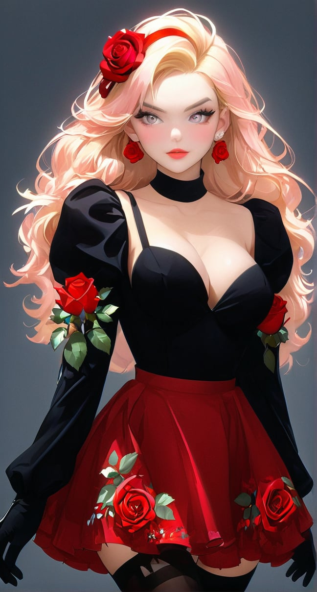 1girl, solo, (((breasts, blonde hair, hair ornament, thighhighs, gloves, dress, cleavage, medium breasts, standing, full body, closed eyes, flower, ahoge, puffy sleeves, black thighhighs, hair flower, rose, red dress, skirt hold, curtsey, nero claudius \(fate\), nero claudius \(fate/extra\))))