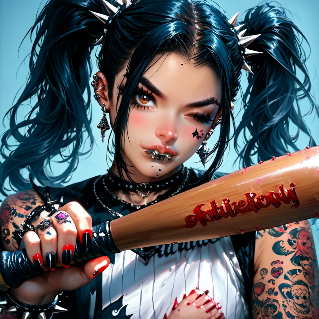  1girl, (((solo, black hair, hair ornament, twintails, brown eyes, jewelry, one eye closed, lips, tattoo, piercing, ear piercing, spikes, realistic, facial tattoo, holding baseball bat, gothic, nail, lip piercing nijistyle))))
