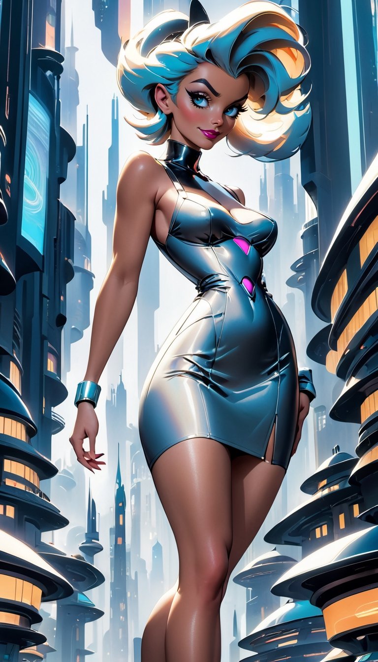 Judy Jetson-inspired woman in a futuristic cityscape: Wearing a retro-futuristic outfit, traversing the bustling streets of a technologically advanced city. (Camera: Medium shot capturing Judy amidst the futuristic cityscape, highlighting the innovative environment.)