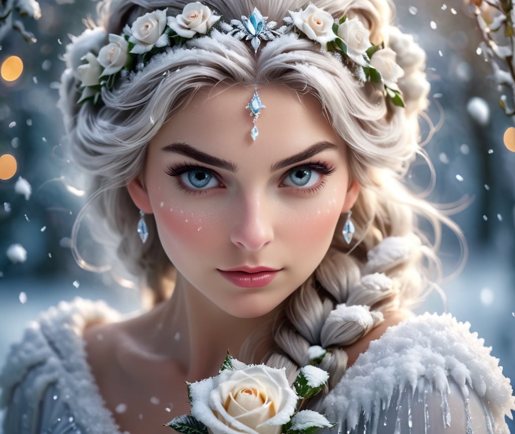 A close up portrait of The Snow Queen, white roses covered with rime, crystallized product photography, soft light, volumetric lighting, ultra-detailed character, 50mm, f2. 8, ISO 100, sharp focus, epic snowstorm background, warm lights
