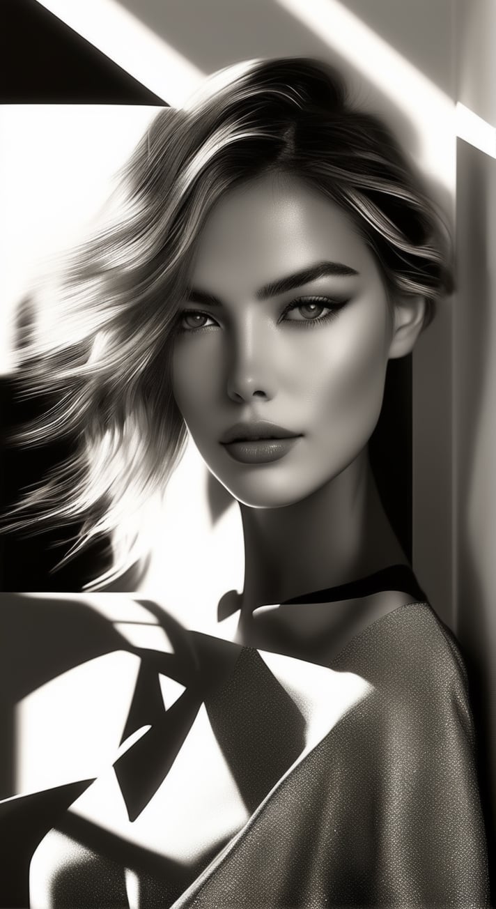 a black and white photo of a woman with shadow. , in the style of minimalist beauty, light bronze and bronze, serene faces, sharp edges, karencore, high definition, contrast shading, realism