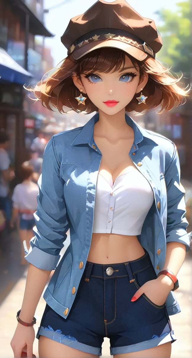 1girl, solo, (((breasts, looking at viewer, short hair, bangs, brown hair, shirt, long sleeves, hat, brown eyes, standing, jacket, cowboy shot, outdoors, open clothes, shorts, day, pants, blurry, lips, black shirt, blurry background, white jacket, denim, blue headwear, jeans,)))