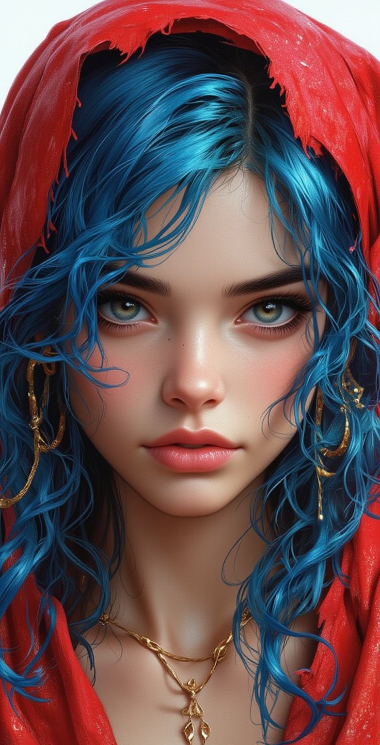 a vibrant blue haired woman with long, wavy blue hair is adorned with a gold necklace and earrings. Her eyes are a piercing blue, and her lips are a lighter shade of pink. Her hair is cascading over her shoulders, framing her face. The woman's head is encased in a red scarf, adding a pop of color to the scene. The background is a stark white, creating a stark contrast to her blue hair.,illustr3alFlux,ILLUSTRANIME,REALNIME