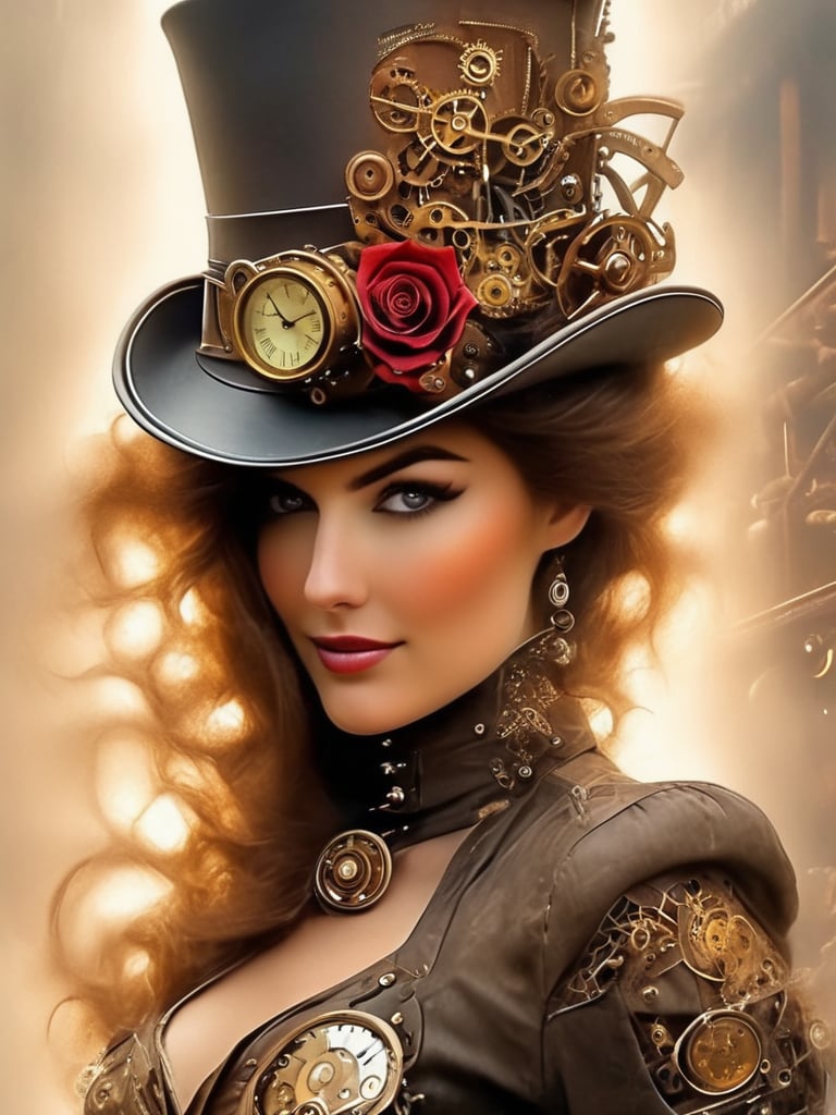 (((A stunning sexy woman in steampunk))) Under the neon glow of progress, she is a vision of steampunk splendor. Her top hat, a symphony of leather and polished brass, holds time itself, a testament to the unyielding march of progress. Her eyes, a pair of serene sapphires, are as deep as the mysteries of the steam-powered wonders she adores.
Inked roses bloom upon her skin, a stark contrast to the mechanical heart that beats at the center of her steampunk universe. She's an anachronistic icon standing tall amidst the whisper of the city's nightlife, a lone clockwork soldier in the urban jungle.