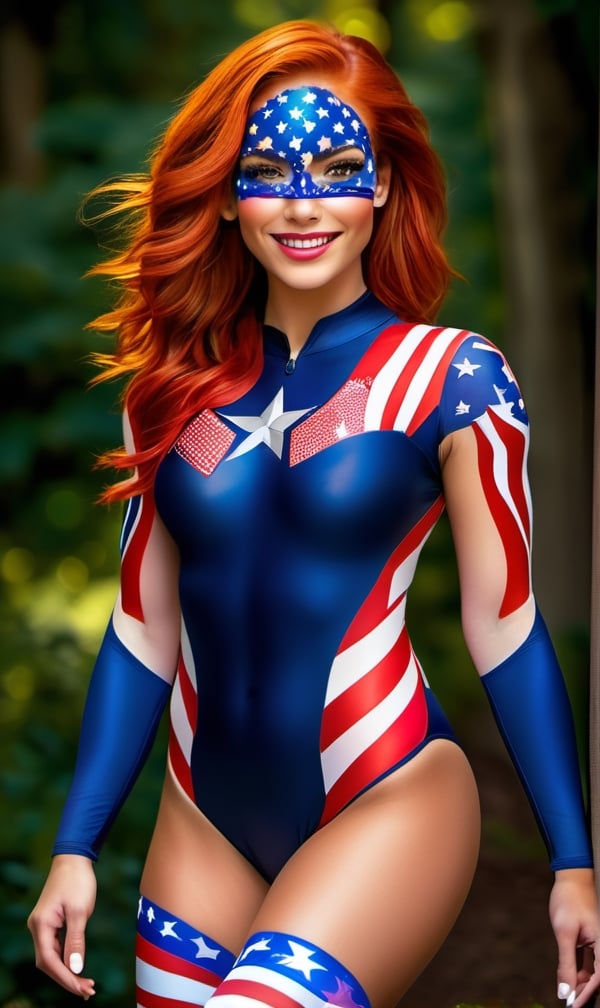 (((Ultra detailed, beautiful face, Megapixel))) A vivacious and patriotic young woman, with ((fiery, shoulder-length red hair)), exudes enthusiasm and energy as she traverses on her hands and feet, celebrating the USA with every move. Her eyes, a warm and inviting shade of ((hazel)), mirror the colors of autumn leaves. Her athletic and toned body, adorned with vibrant face paint resembling the USA flag, showcases her dedication to the country she loves. Dressed in a dynamic bodysuit, the fabric features an artistic rendition of the USA flag in a mosaic style, with intricate details and patterns that pay homage to the nation's history and culture. The bodysuit's flexible material allows her to move with ease and grace as she walks on her hands and feet. On her hands, she wears red, white, and blue wristbands, while her feet are adorned with matching anklets, symbolizing her unwavering commitment to the USA. In the background, the majestic landscapes of the United States create a breathtaking scene, capturing the essence of the country's beauty and diversity.