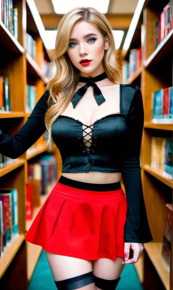  hmmarnie, aqua eyes, black choker, red ribbon, jewelry, open clothes, wear lingerie,legs, on a library, miniskirt