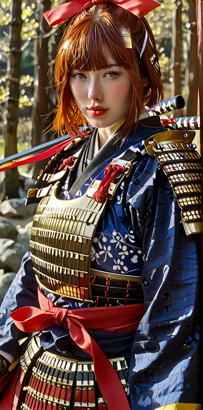 1girl,dressed in samurai-style armor, She wears traditional Japanese armor reminiscent of a samurai,Blue coat, yellow hakama ,The design blends elegance with strength, portraying her as a warrior princess,(Large red head ribbon), Adorning her head is with a faintly red ribbon tied, shining brightly, warrior samurai, score_9