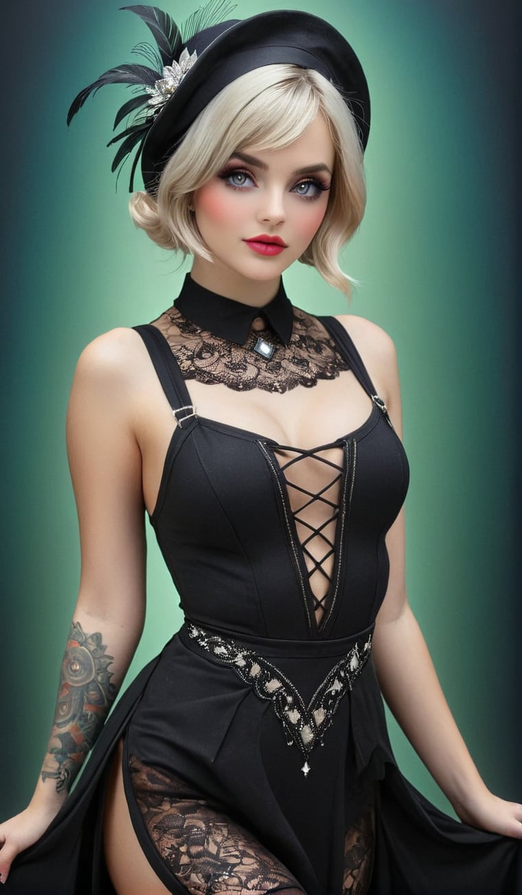  extraordinarily beautiful, babe, platinum blonde, modern girl with tattoos dressing vintage, 1920s style clothing , imaginatively 20's stylized dress, super hat, bonnet, magical, alluring, sultry, full-length, female-body, hazel-eyes, eye catching, bright, OverallDetail, Magical beautiful background fantasy, perfect face and eyes, hyper-detailed hypermaximalist dynamic style drab