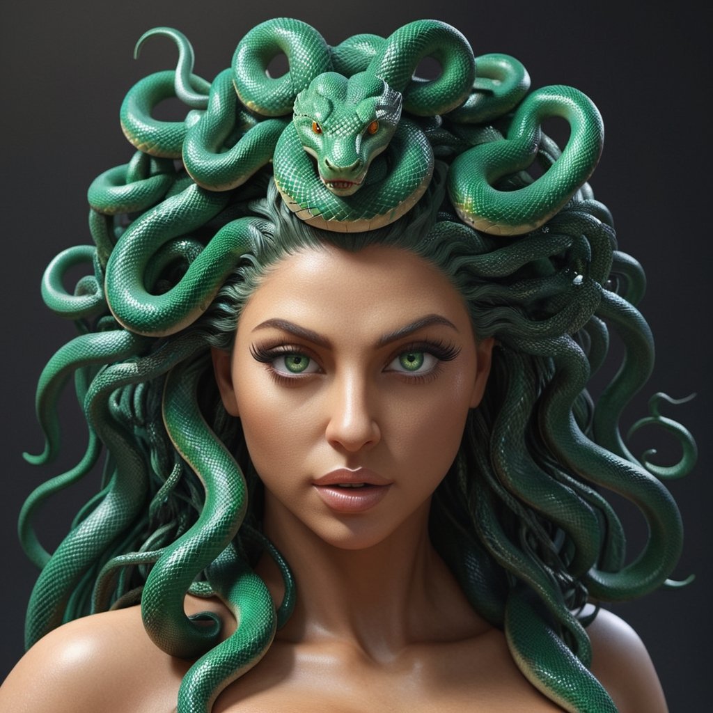 ((best quality)), ((masterpiece)), ((realistic)), Medusa, full body, the hair is made up of countless small snakes, green eyes, female face, metal carved top, real aura, trend on artstation, sharp focus, studio photo, intricate detail, very detailed, detailed eye, illustration, very detailed, sharp focus, digital rendering, professional, 4k