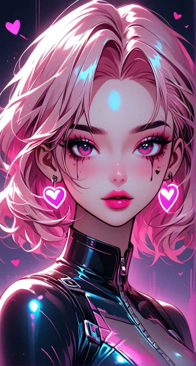 The image provided is a digital illustration of a female character. The character's features are exaggerated and stylized, with prominent pink hair, dark eye makeup, and a contemplative expression. She wears a bodysuit adorned with hearts and the number 9, which could suggest a theme or identity related to the character. The colors used in the illustration are muted yet vibrant, with the pink elements standing out against the softer background. There is no additional context provided within the image itself.