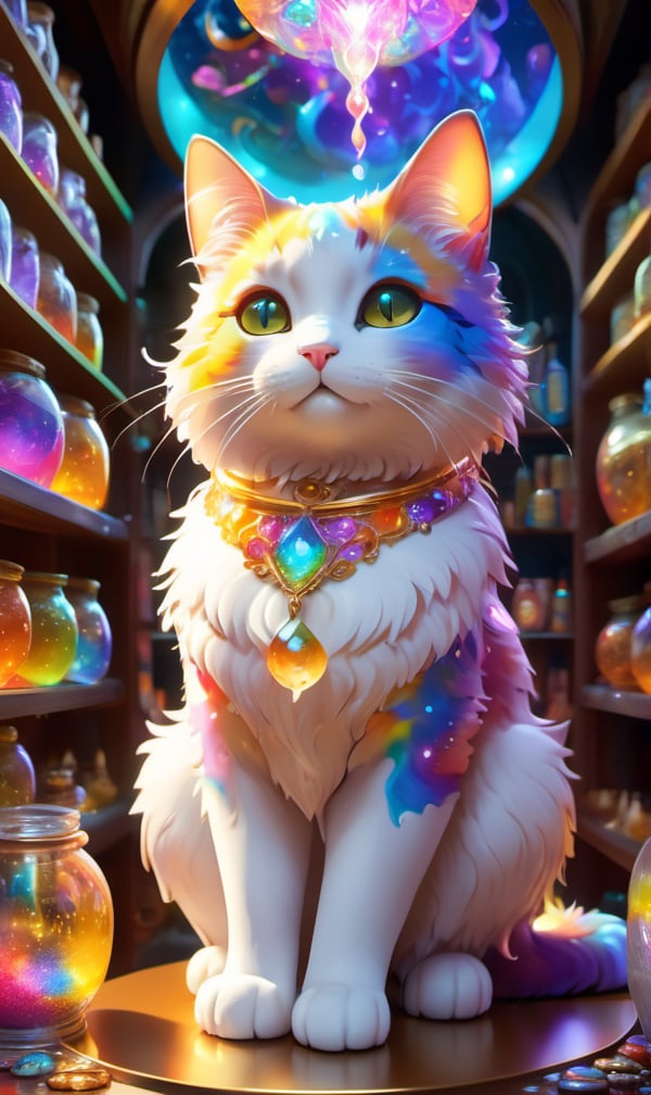 Colourful Cute curvaceous neko fantasy alchemy vendor inside a magical item shop vivid colour god rays ray tracing glowing light iridescent intricate highres highly detailed, dripping paint