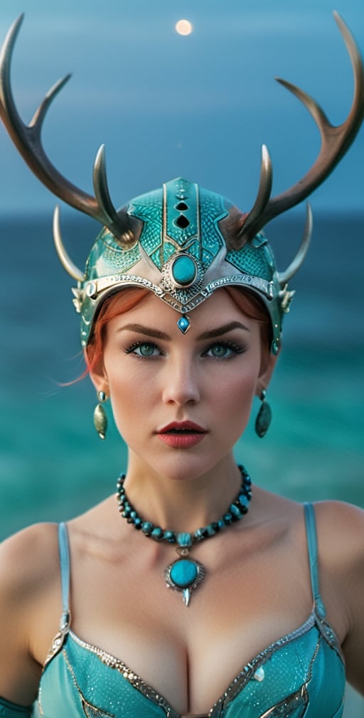 (model woman )), ((solo)), ((mature woman,  big breasts)), (face focus:1.8), short hair, pixie cut, ((red hair with turquoise highlights)), ((gradient hair)), green eyes, full lips, (detailed ornate turquoise helmet, deer antlers), ((wearing sheer turquoise gown)), (large angel wings), archangel, angel, (close-up portrait, headshot), confident, smirk, ornate embellished clothing, turquoise aura, blue lightning, water mage, crescent moon, dutch angle, at night, stars, turquoise water, blue water, ocean, photo, realistic, photorealistic, hyperdetailed, nice hands, perfect hands, beautiful detailed eyes, realistic, 3d face, lustrous skin,
