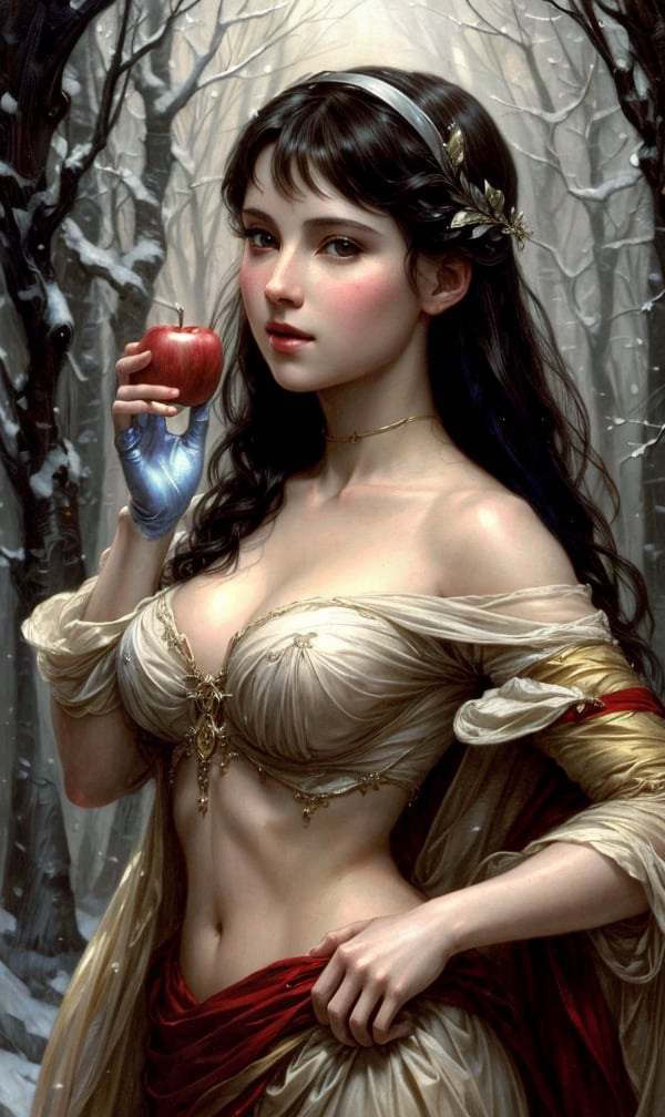 snow white and apple, intricate, medium breast, elegant, highly detailed, digital painting, artstation, concept art, smooth, sharp focus, illustration, art by artgerm and greg rutkowski and alphonse mucha and william - adolphe bouguereau