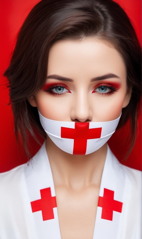 a woman with a red cross painted over her mouth, closed mouth, orwellian style, author unknown, witness stand, pinterest and shutterstock, world of the silence, vril, connectedness, red ribbon, censored, zen