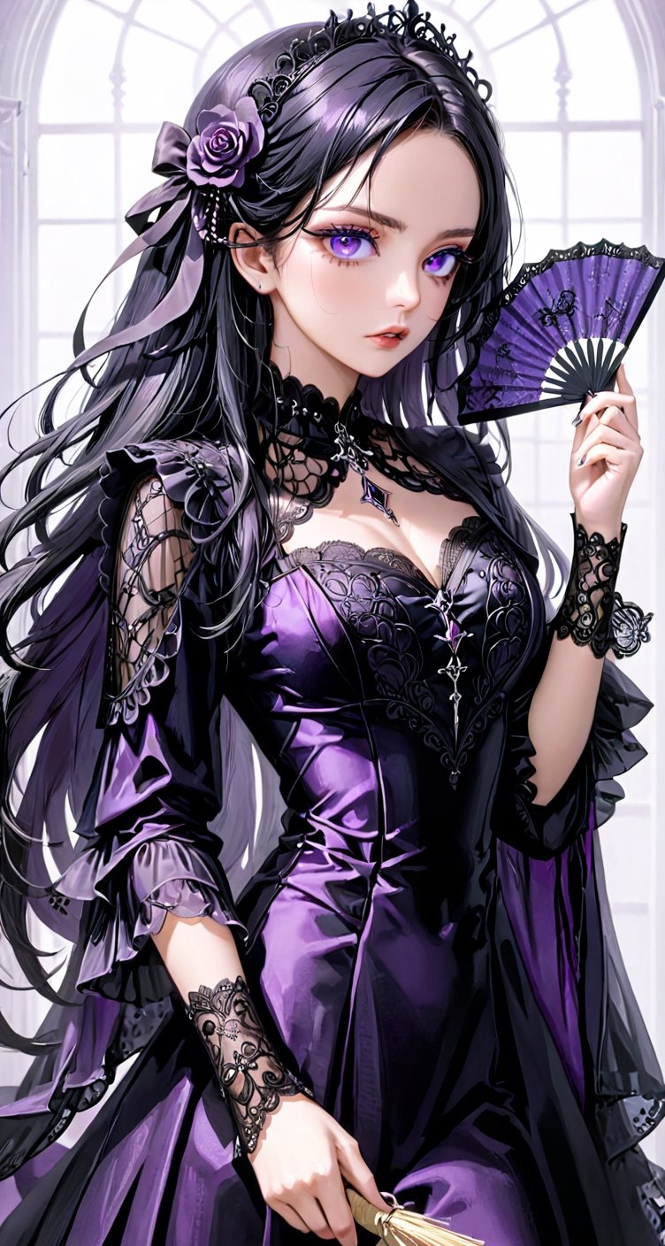 Gothic Glam: A model with jet-black hair in a gothic widow's peak and mesmerizing purple eyes holds a black lace fan. She's dressed in a flowing black gown, creating an air of mystery.