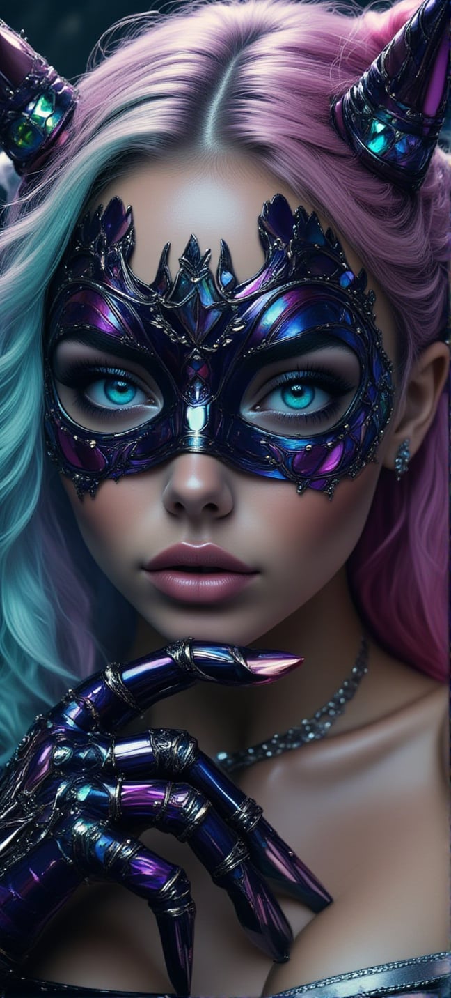 create a hyperrealistic image of A Elf wearing an elaborate, futuristic, and gothic mask with large, glowing crystal accents. Their eyes are shining with vibrant, cosmic reflections, and they have long, pastel-colored hair. The individual has multiple facial piercings and sharp, metallic fangs, giving a vampiric appearance. They are also wearing claw-like gloves with iridescent, crystal-like nails. The overall aesthetic is dark, sci-fi, and fantasy with a lot of shiny and reflective elements.,Anime Style,BOOREAL2,ek_ph0t0_b00ster