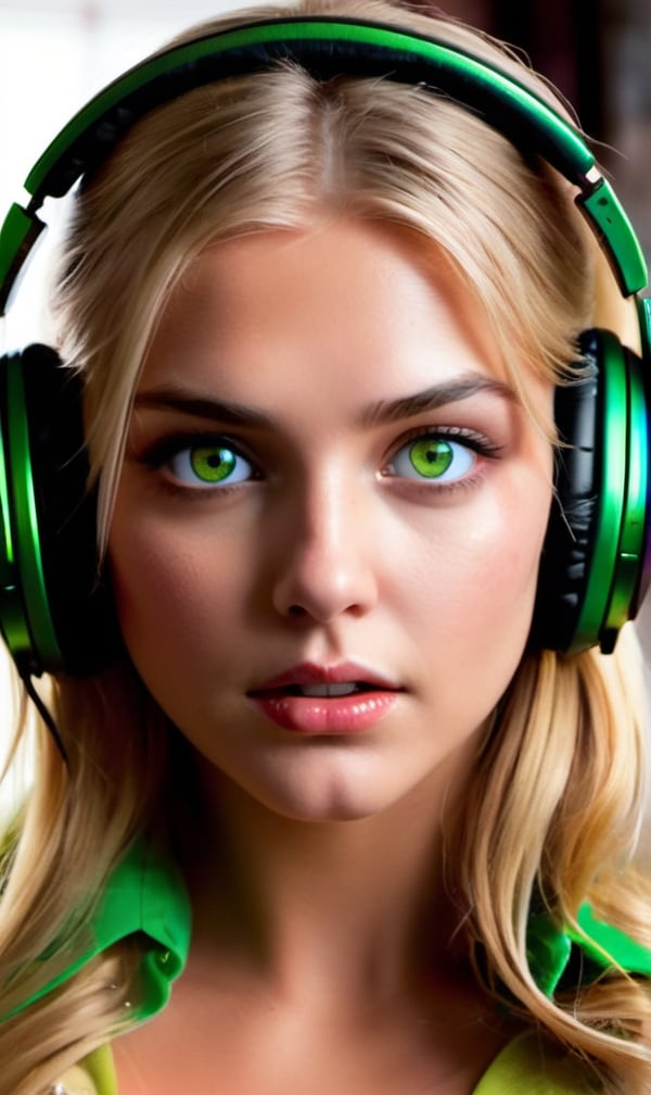 1girl, (masterpiece), best quality, expressive eyes, perfect face, long blonde hair, green eyes, brown eyebrows, moles under eye, ((headphones on the girl's head)), clothes: 0.7, ((horror)), ((blood)), ((blood on the face)), the world of illusions, details:1.5, darkener: 1.5, upper body, ((Halloween)), ((gold))