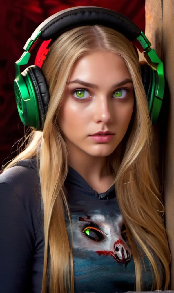 1girl, (masterpiece), best quality, expressive eyes, perfect face, long blonde hair, green eyes, brown eyebrows, moles under eye, ((headphones on the girl's head)), clothes: 0.7, ((horror)), ((blood)), ((blood on the face)), the world of illusions, details:1.5, darkener: 1.5, upper body, ((Halloween)), ((gold))