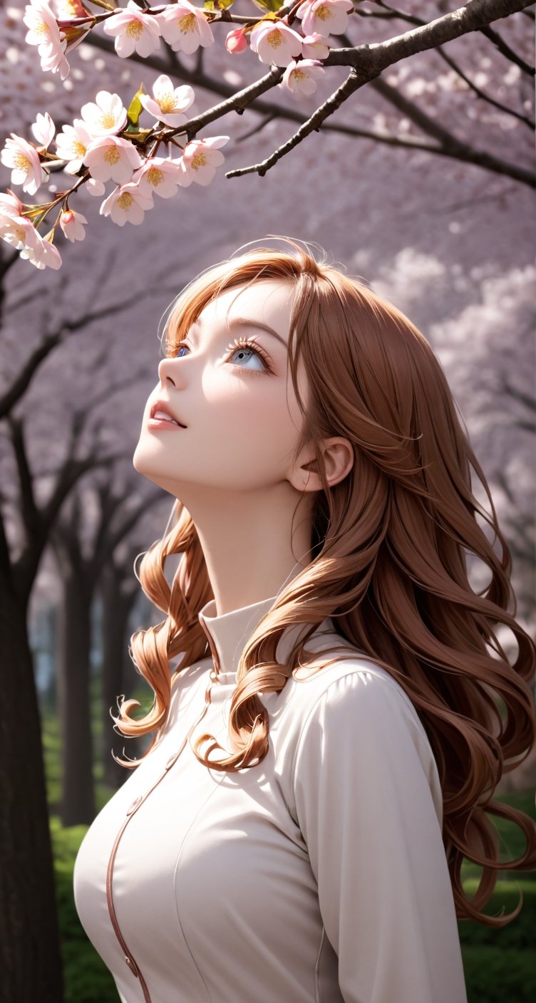 Woman with rose gold hair in tight ringlets, side view, looking up at falling cherry blossoms, a serene expression.