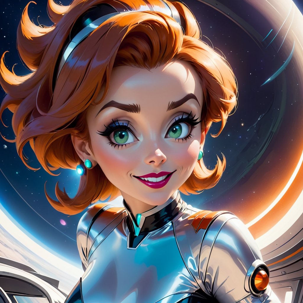 Judy Jetson-style woman at a retro spaceport: Donning futuristic attire, boarding a sleek spaceship for an intergalactic voyage. (Camera: Close-up shot focused on Judy, showcasing her excitement for the space adventure.)