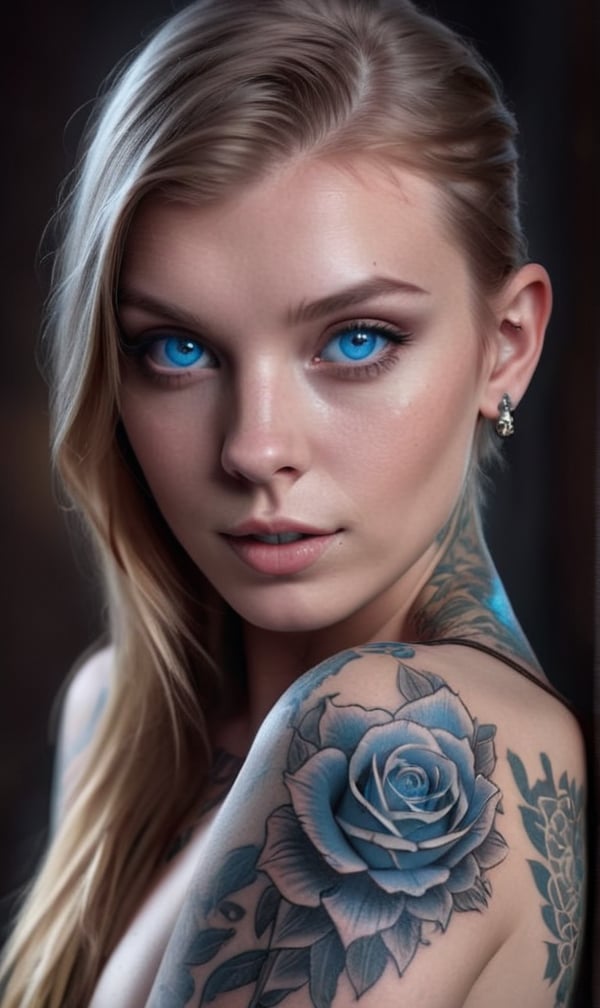 Tattooed Female Portrait, With Light Blue Eyes, Visible Tattoos, Digital Photography, Raw format, 8k, ultra realistic, hyper detailed

