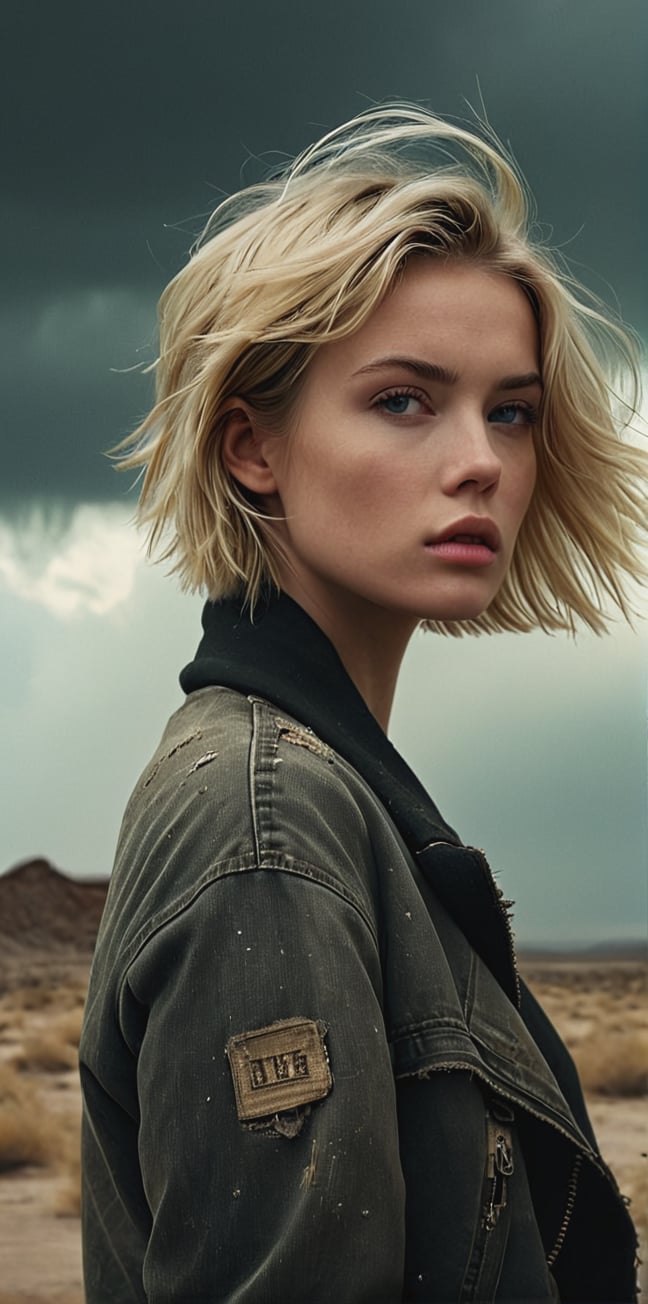 set in the (year 2085),  blonde girl with short hair, detailed desolate post-apocalyptic future background, warm, windy, harmful atmosphere, menacing skies, photography by (TJ Drysdale)