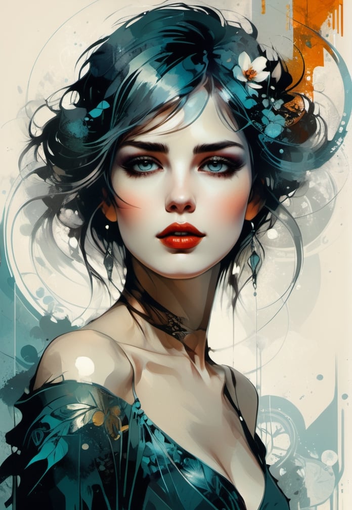 Art nouveau style. Beautiful woman. fine detail, atmospheric, vivid tones, sharp focus, sharp edges, art by Russ Mills, fantasy, dreamy, vector illustration, 2d flat, art nouveau. centered, by Tim Burton, professional, sleek, modern, minimalist, graphic, line art, vector graphics,SDXL,Real