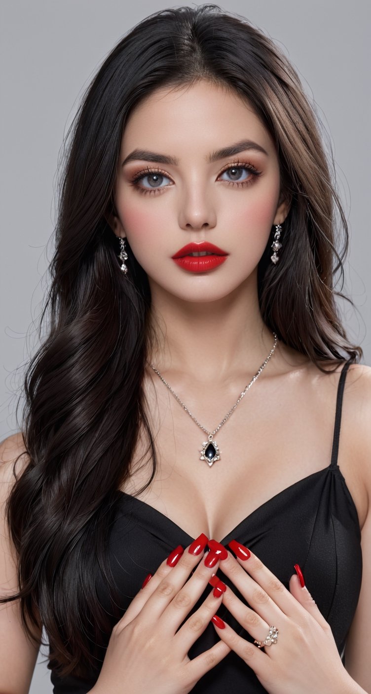 1girl, solo, long hair, looking at viewer, black hair, jewelry, upper body, parted lips, grey background, necklace, nail polish, mole, black eyes, lips, mole under eye, makeup, lipstick, red nails, realistic, red lips