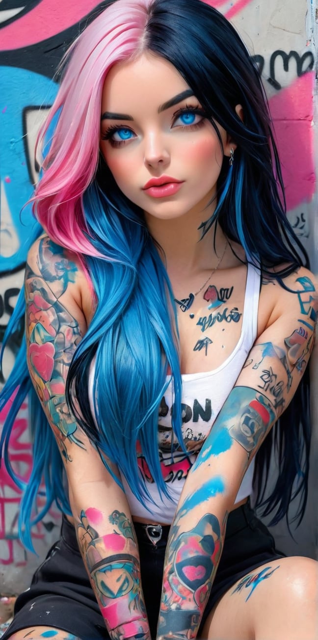 1girl, (((solo, long hair, looking at viewer, blue eyes, black hair, sitting, blue hair, pink hair, multicolored hair, two-tone hair,  female, lips, tattoo, makeup, realistic, nose, arm tattoo, body writing, dirty, paint, grafitti nijistyle
