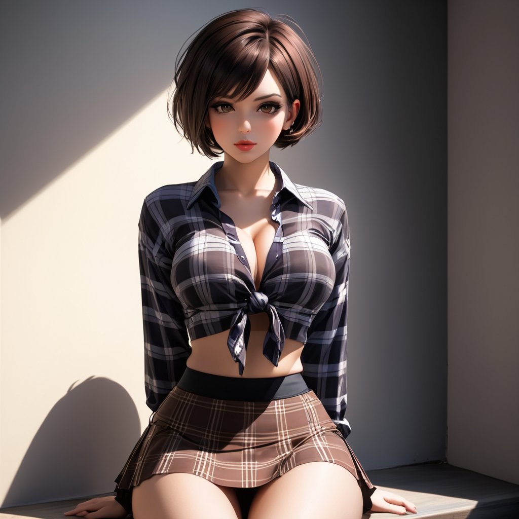 1girl, solo, ((((breasts, looking at viewer, short hair, skirt, brown hair, shirt, black hair, navel, sitting, underwear, panties, midriff, miniskirt, lips, plaid, tattoo, shadow, plaid skirt, arms behind back, front-tie top, tied shirt)))