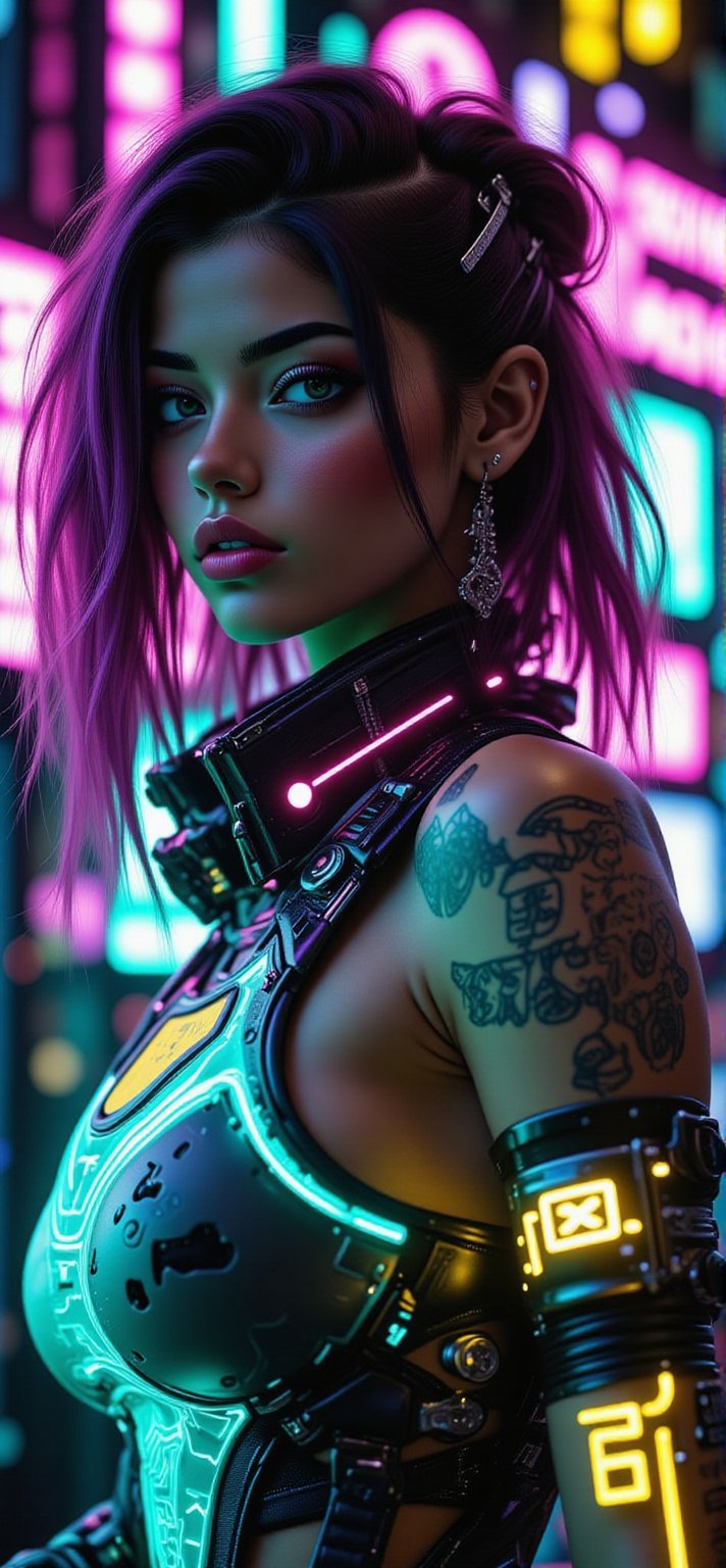 profile of a cyberpunk city girl, swirling ink forming holograms, in the style of aaron horkey, neon lights, teal, magenta, yellow, (cables, implants, cyberware:1.3),  cyberpukai , (masterpiece:1.2), best quality, (hyperdetailed, highest detailed:1.2), high resolution textures,FLUXCyberpunknime,REALNIME,BOOREAL2