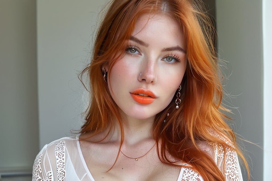 1girl, solo, long hair, breasts, looking at viewer, jewelry, earrings, parted lips, orange hair, lips, head tilt