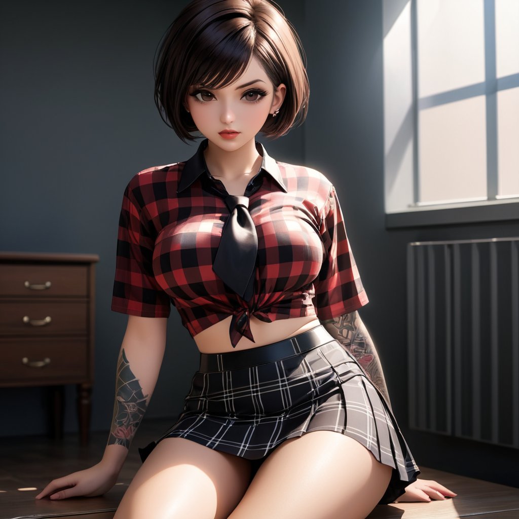 1girl, solo, ((((breasts, looking at viewer, short hair, skirt, brown hair, shirt, black hair, navel, sitting, underwear, panties, midriff, miniskirt, lips, plaid, tattoo, shadow, plaid skirt, arms behind back, front-tie top, tied shirt)))