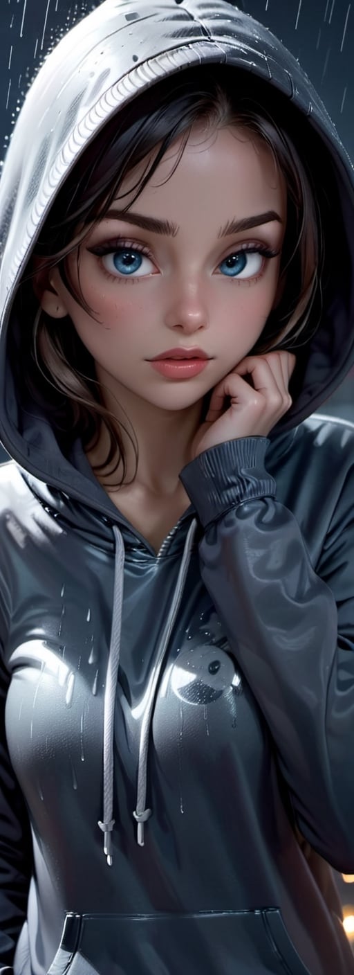 A girl in a hoodie on a rainy night, rim light from moon light, ominous weather and atmosphere, captivating, minimalistic, close up portrait, hoodie casts a shadow over face, mysterious, dark background, sophistication, silhouette, expressive, dynamic pose, ambiance, intrigue and suspense, illustration, digital art, hyperrealism