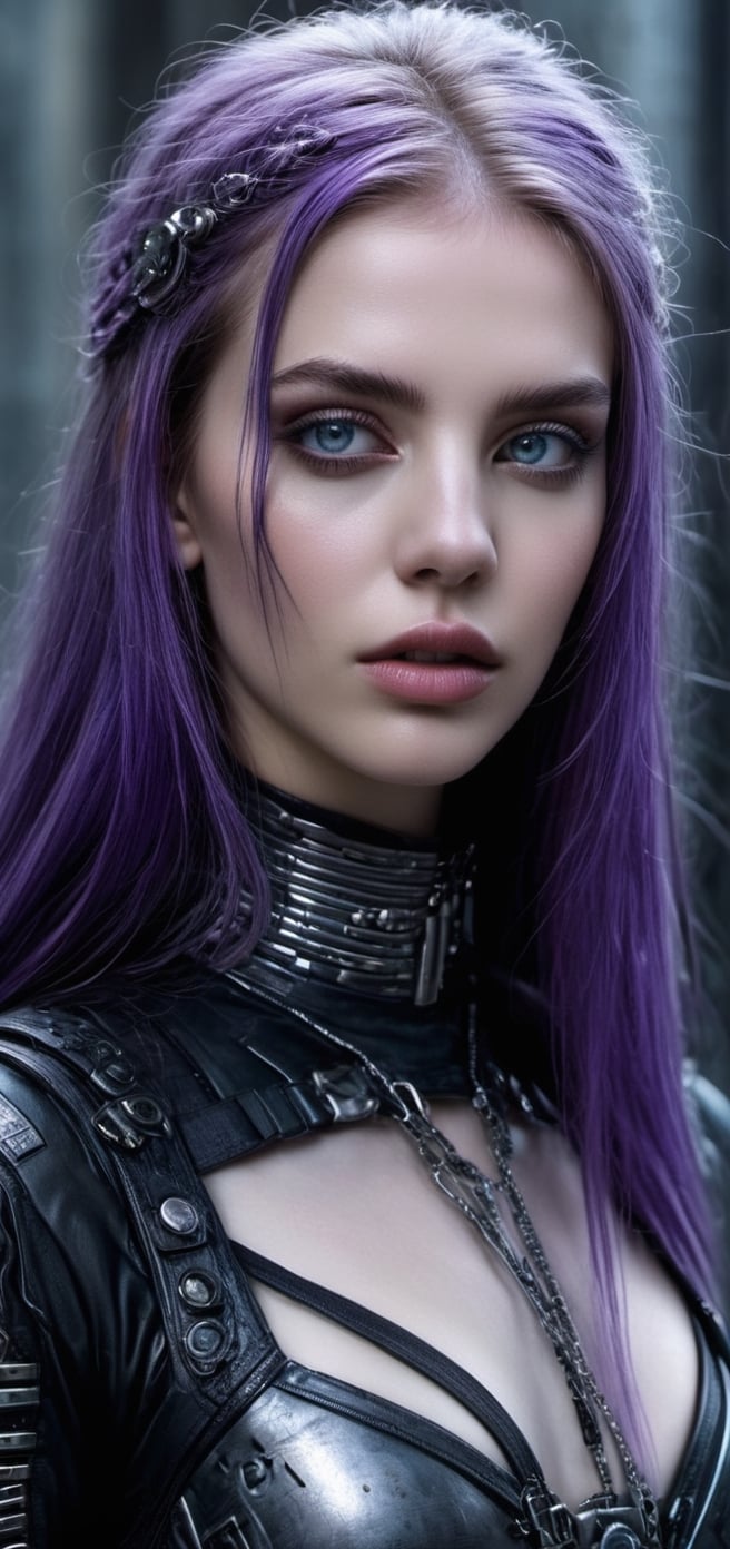 By HR Giger and Luis Royo and Victoria Frances and "ghost in the shell" and "altered carbon", The image is a close-up portrait of a Spanish teenage cyborg with long purple hair and piercing eyes. The cyborg has an anthropomorphic humanoid appearance with immaculate clean pale smooth skin. They are depicted at an underground industrial party, wearing a crop top. The overall aesthetic is a combination of grungy gothic and cyberpunk, with elements of dark neon punk, bubble goth, and mall goth. The style of the image is hyperrealistic and extremely detailed, resembling a cinematic photograph. It showcases intricate details of the cyborg's face and body, emphasizing their slender symmetrical physique and straight fringe. The image captures a techno-mystic atmosphere with a touch of android mysticism, incorporating terminator tech