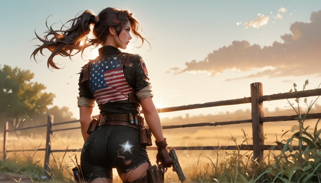 score_9, score_8_up, score_7_up, score_6_up, score_5_up  1girl, solo, long hair, brown hair, gloves, ponytail, weapon, outdoors, belt, (((from behind))), gun, grass, handgun, fence, holster,  standing in ((((front of American flag in the distance torn))))) still  standing in wasteland, soldier girl,
